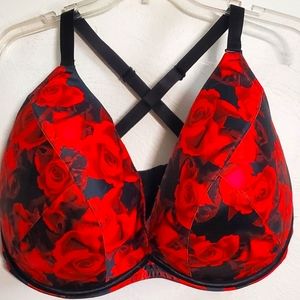 Black and Red Rose Plunge Bra 44H